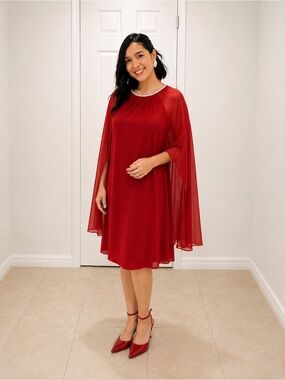 R&M Richards Burgundy Chiffon Cape Dress Rhinestone Trim Size 10